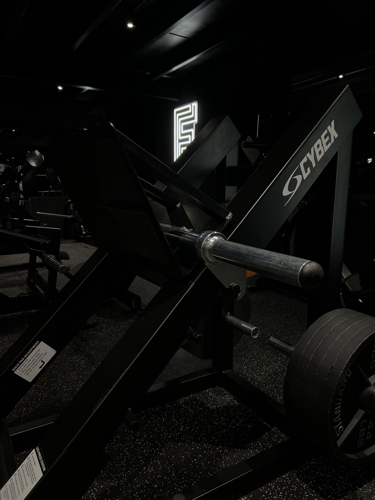 Cybex leg press station under the neon F