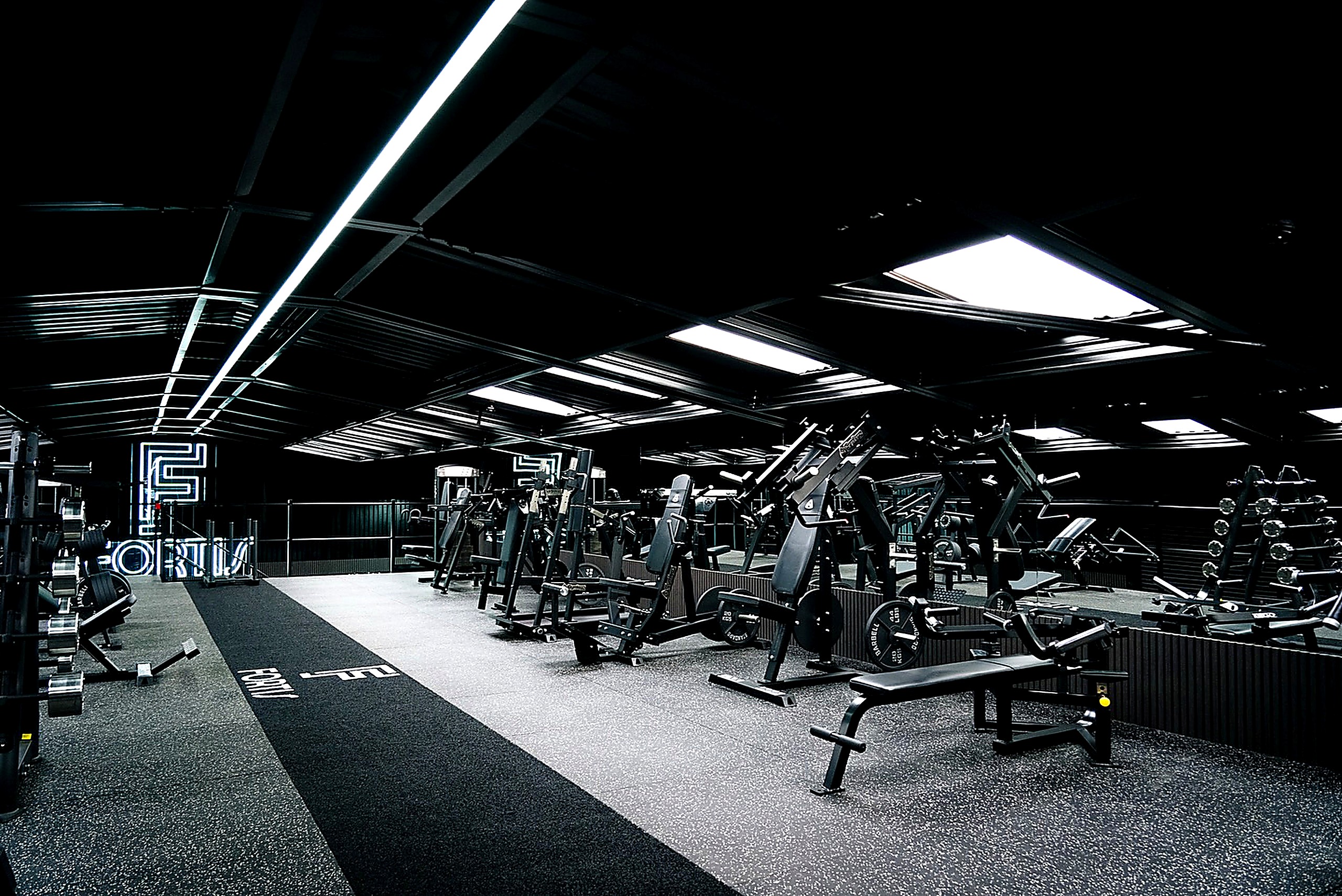 The FORTIS strength floor: plate-loaded machines, loaded barbells and dumbbell racks